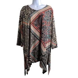 Catherines Mixed Print Top Size 1X Asymmetrical Hem Boho Lagenlook Art To Wear